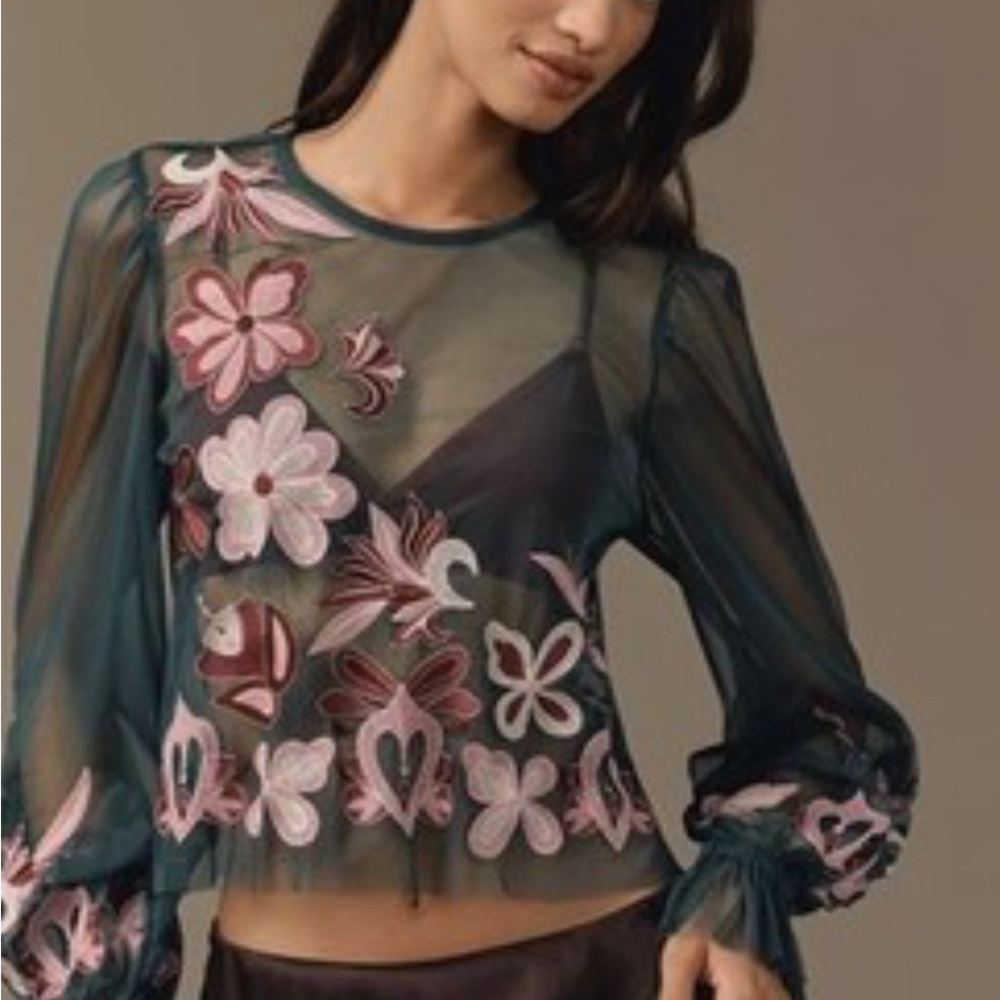 Anthropologie Sheer Teal Blouse with Pink Floral Accents